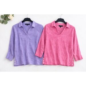 Tahari Linen Tunic Tops W 1X Purple Pink 2 Pack Button Side V-Neck Coastal Boho